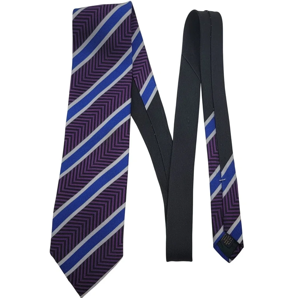 XMI Platinum Silk Tie Purple Blue Chevron Repp Stripe Hand Made USA
